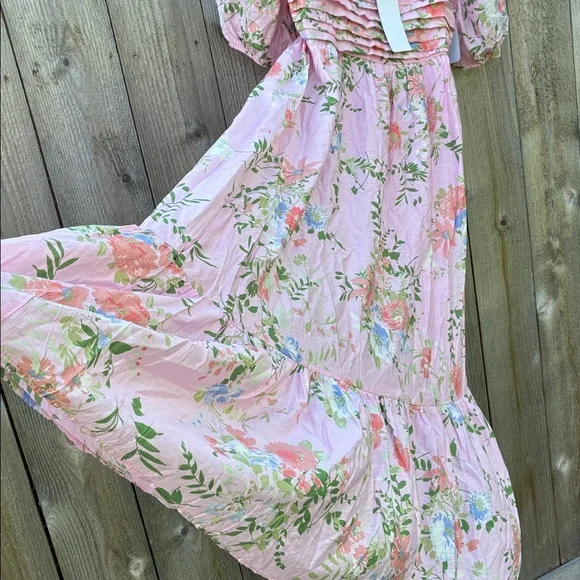 By The River Floral Pink Puff Midi Sleeve Dress - Picture 7 of 15